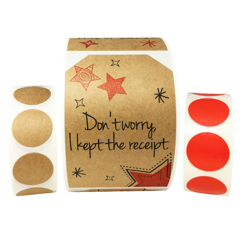 Bulk Pack of Holiday adhesive gift tags and color dot stickers printed by InStockLabels.com - Made in the USA