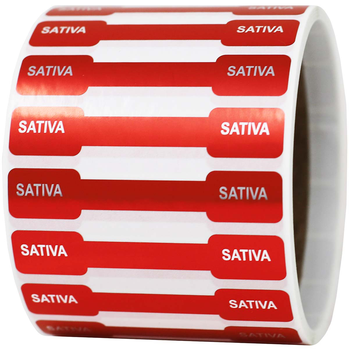 Metallic Red Sativa Cannabis Tamper Labels 0.5 ends (5/16 band) x 2.75" Barbell QTY 500