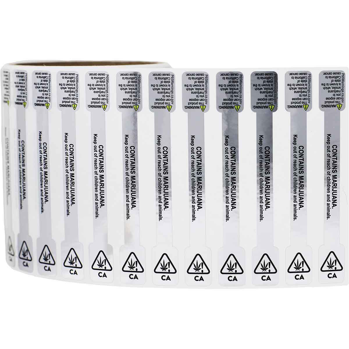 Metallic Silver California Prop 65 Cannabis Tamper Labels 0.5 ends (5/16 band) x 4" Barbell QTY 500 Metallic Silver California Prop 65 Cannabis Tamper Labels 0.5 ends (5/16 band) x 4" Barbell QTY 500