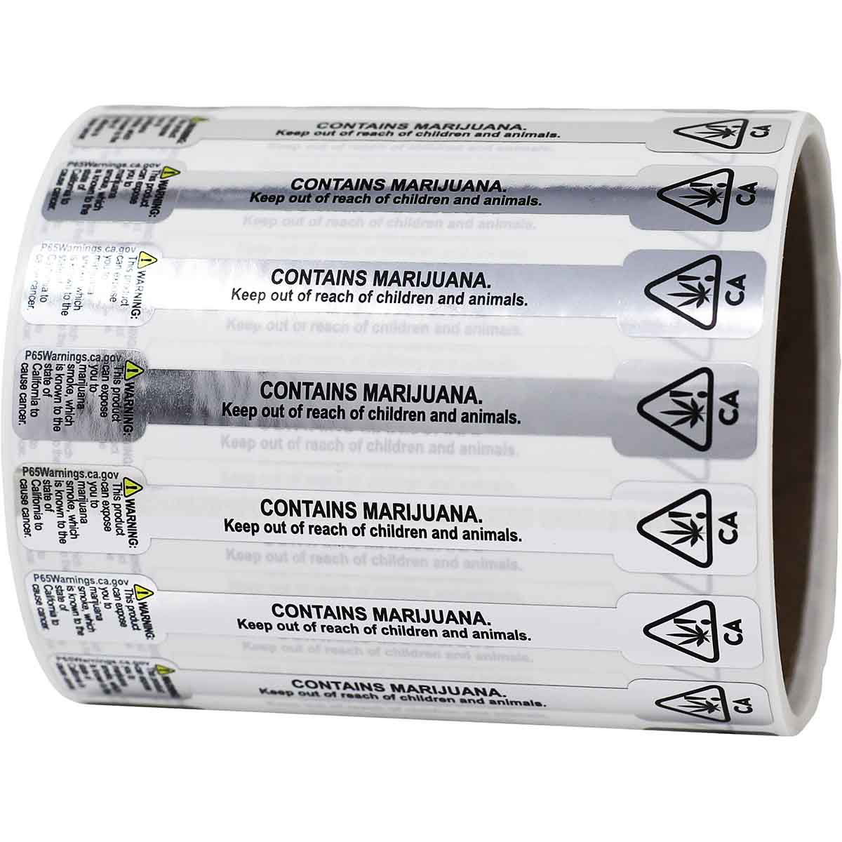 Metallic Silver California Prop 65 Cannabis Tamper Labels 0.5 ends (5/16 band) x 4" Barbell QTY 500 Metallic Silver California Prop 65 Cannabis Tamper Labels 0.5 ends (5/16 band) x 4" Barbell QTY 500