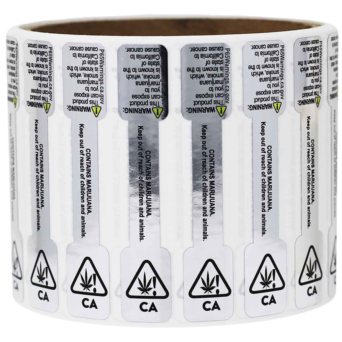 Metallic Silver California Prop 65 Cannabis Tamper Labels 0.5 ends (5/16 band) x 2.75" Barbell QTY 500