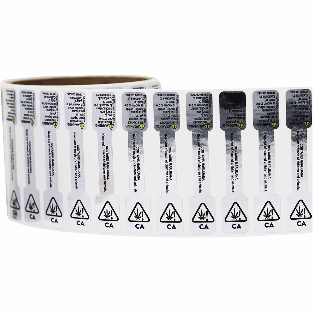 Metallic Silver California Prop 65 Cannabis Tamper Labels 0.5 ends (5/16 band) x 2.75" Barbell QTY 500