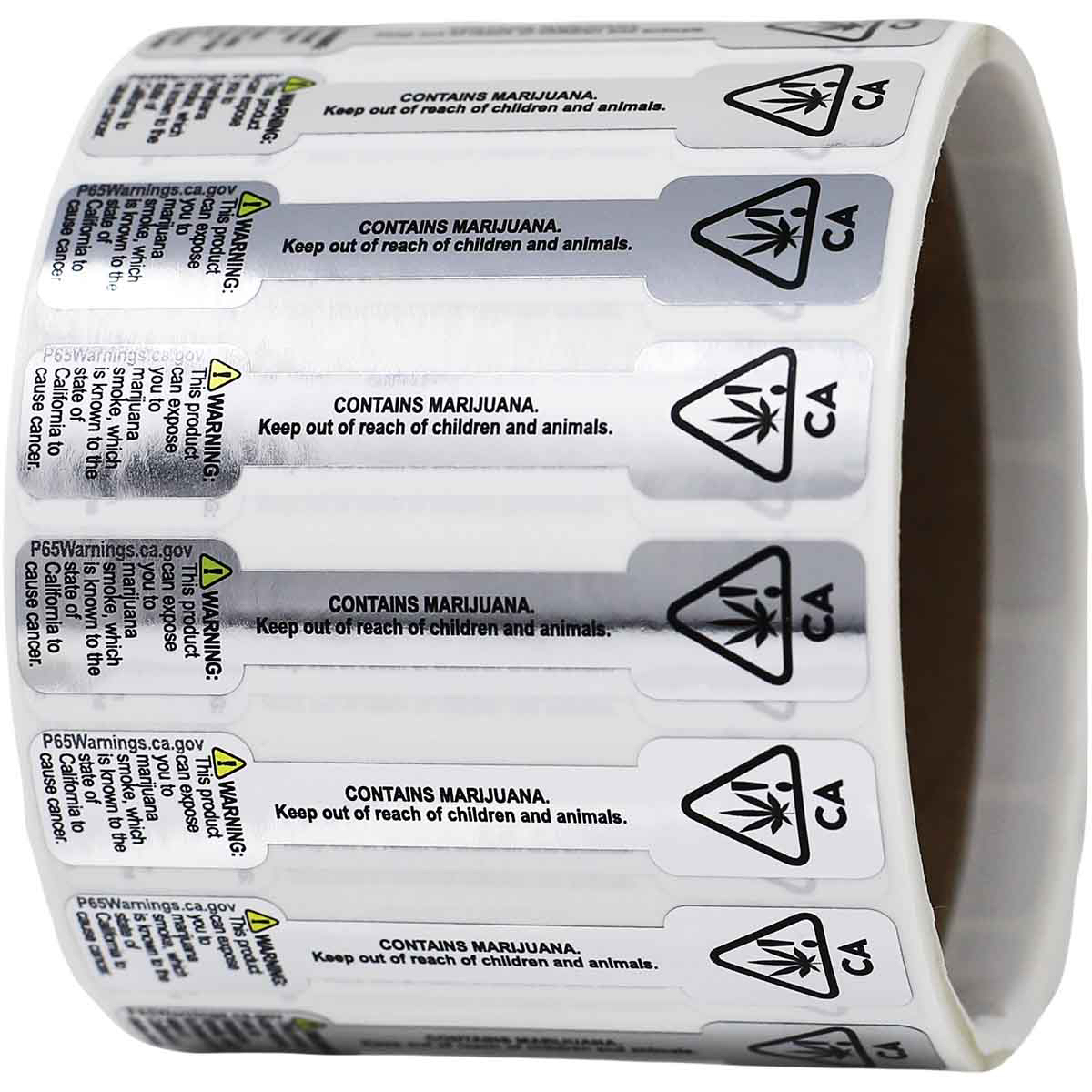 Metallic Silver California Prop 65 Cannabis Tamper Labels 0.5 ends (5/16 band) x 2.75" Barbell QTY 500