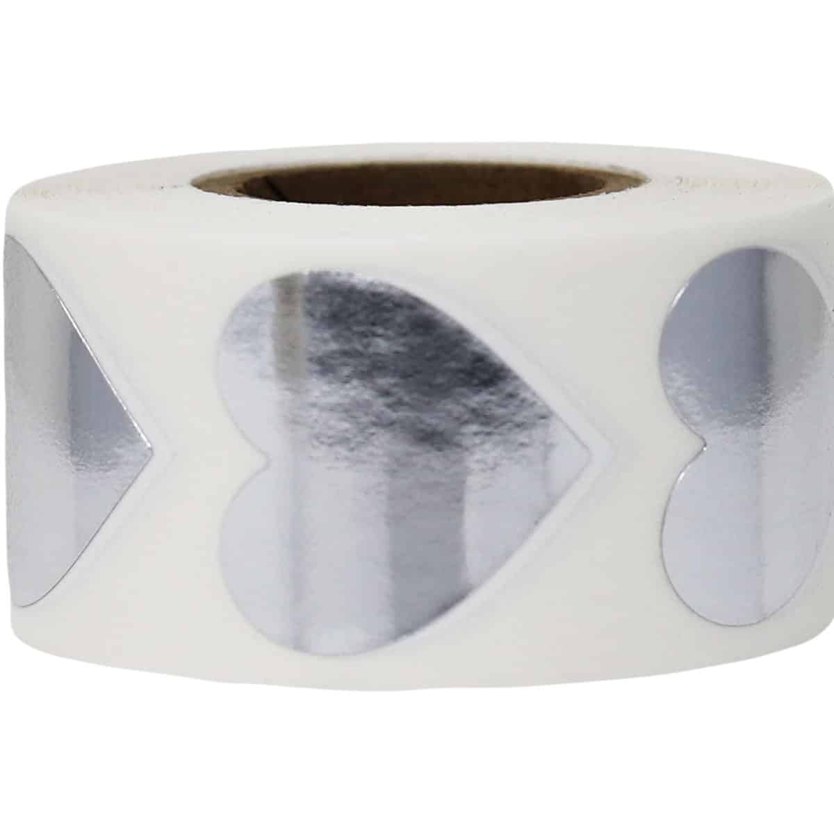 Metallic Silver Heart Stickers 1" QTY 500