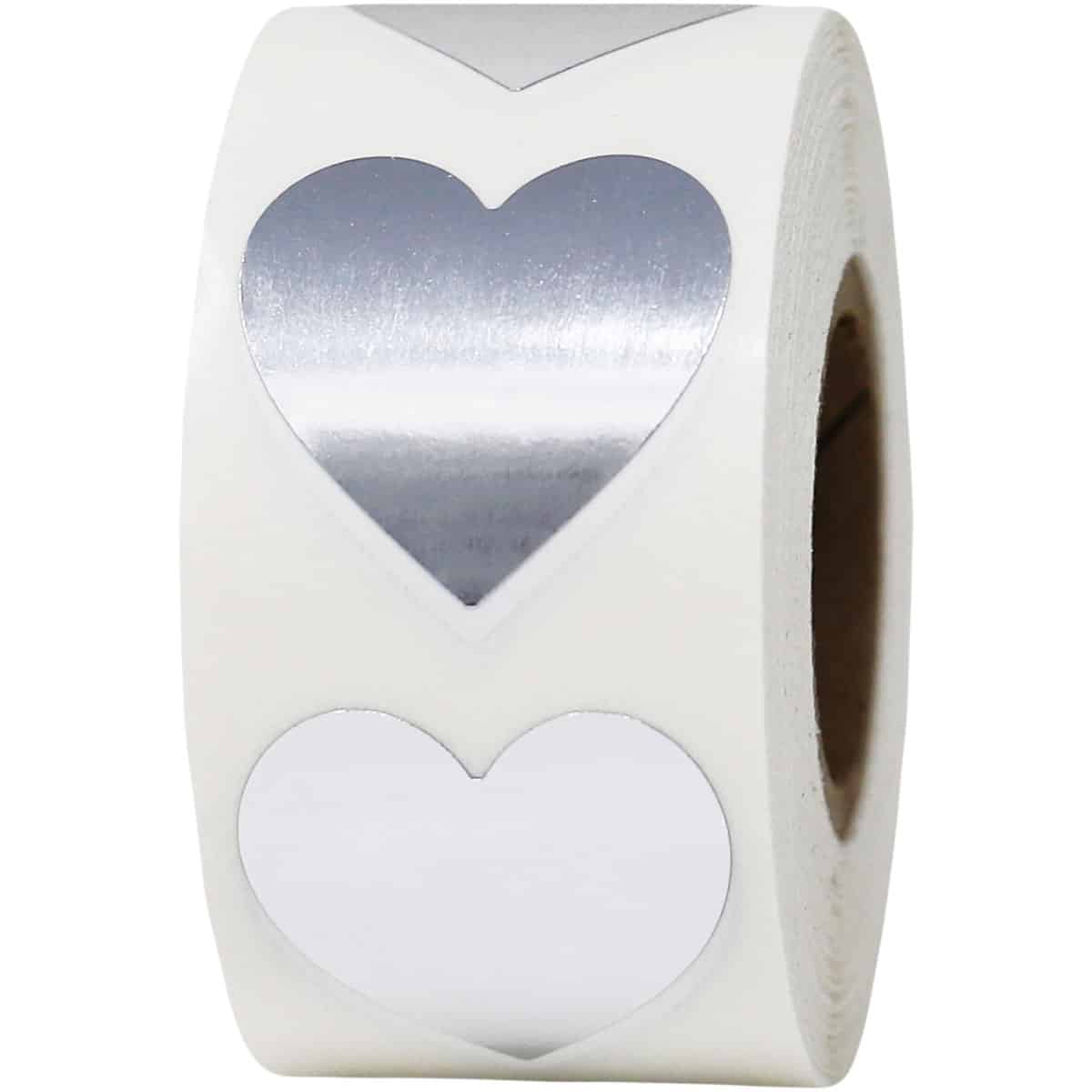 Metallic Silver Heart Stickers 1" QTY 500