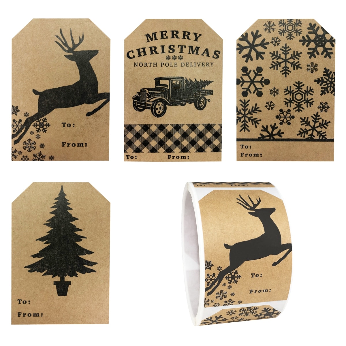 Country Kraft Vintage Holiday Gift Tag Stickers - QTY 100 Country Kraft Vintage Holiday Gift Tag Stickers - QTY 100