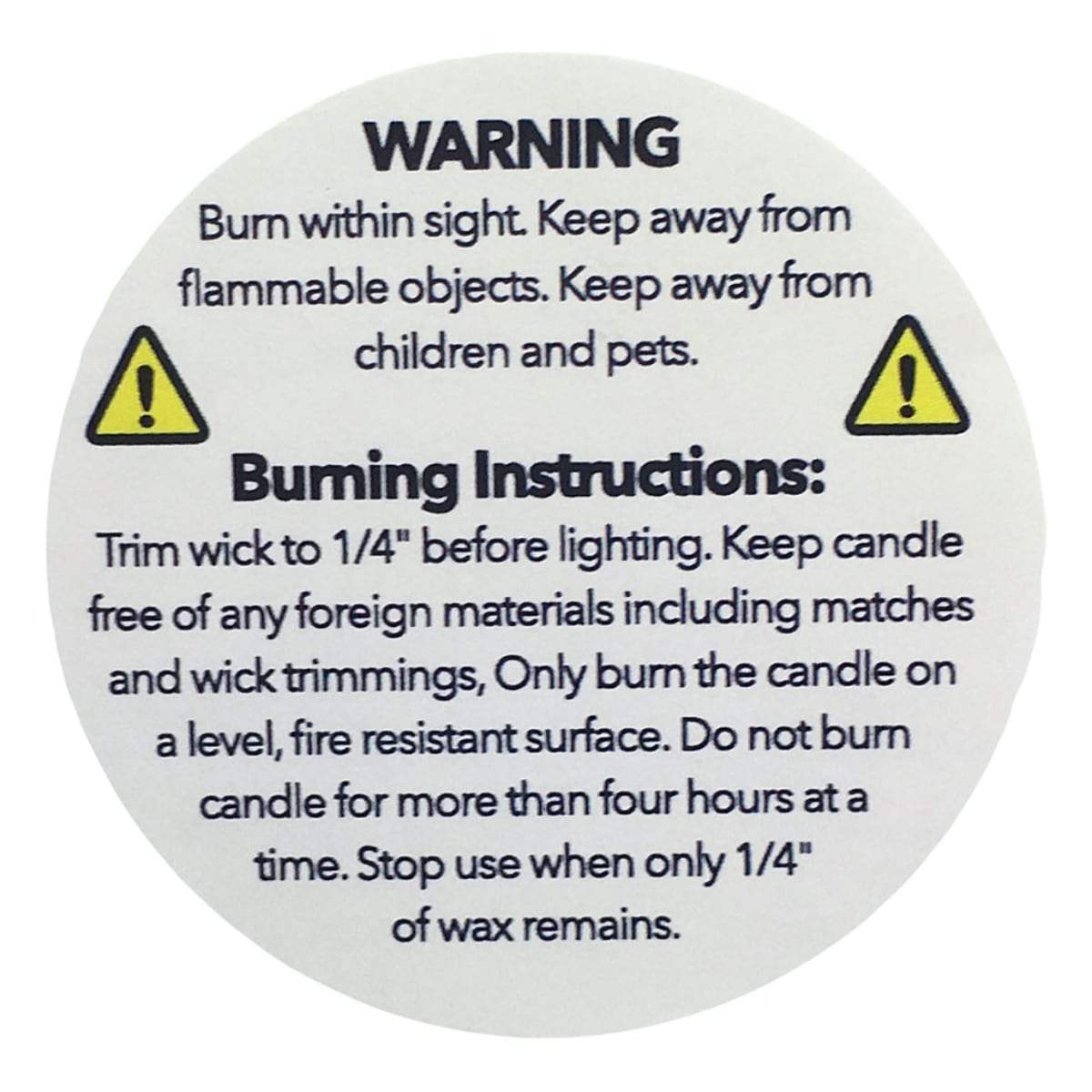Candle Warning Burning Instruction Labels QTY 500