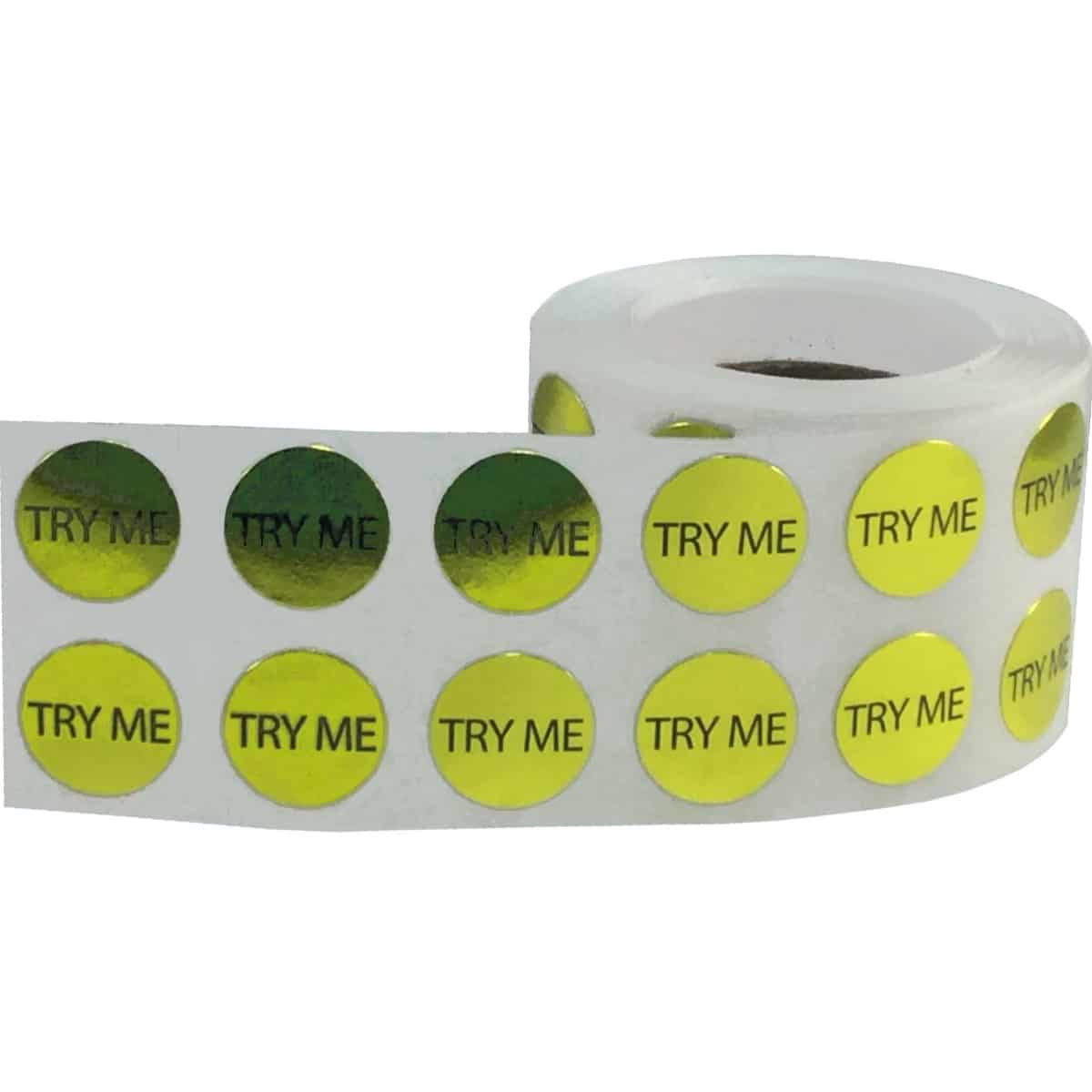 Small Gold Metallic Plastic Try Me Stickers 1/2" Round QTY 1,000 Small Gold Metallic Plastic Try Me Stickers 1/2" Round QTY 1,000