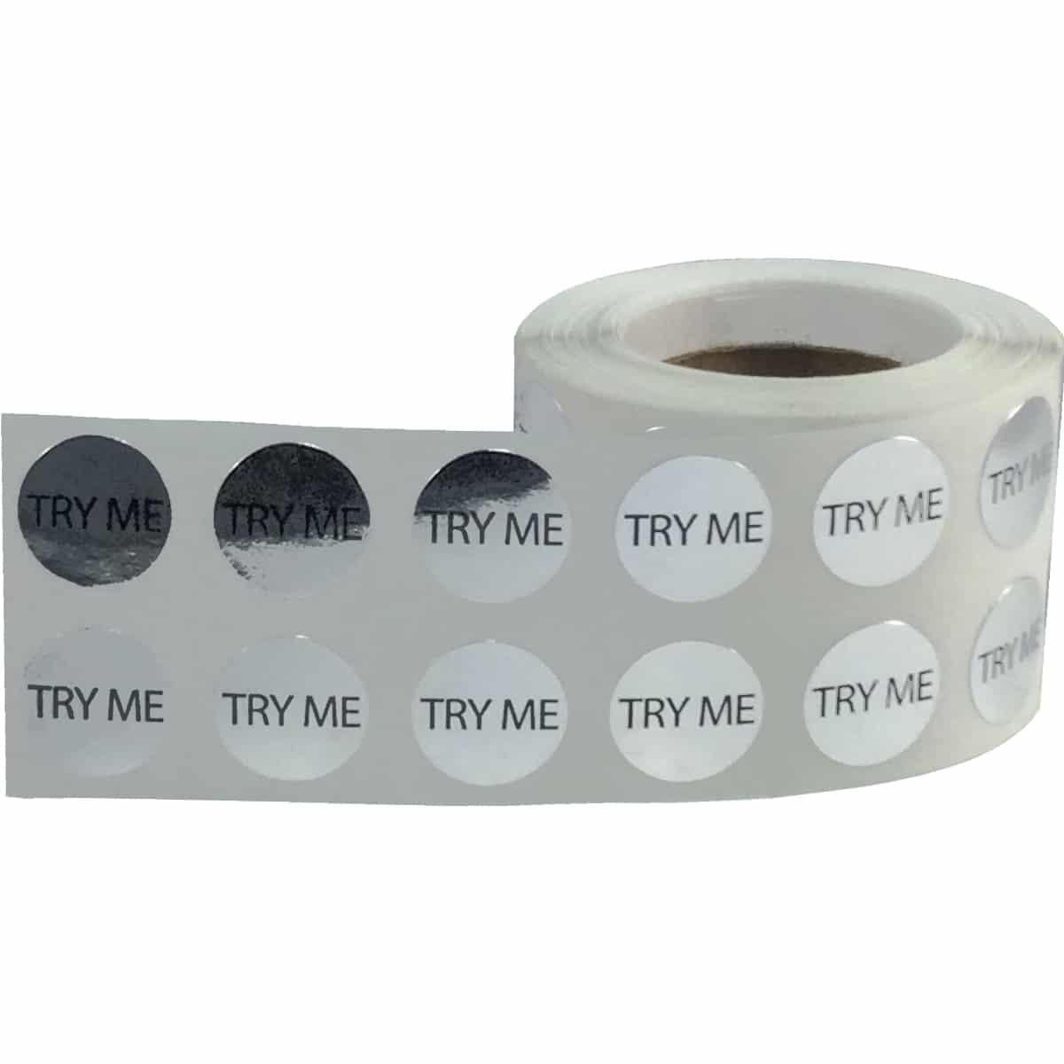 Small Silver Metallic Plastic Try Me Stickers 1/2" Round QTY 1,000 Small Silver Metallic Plastic Try Me Stickers 1/2" Round QTY 1,000