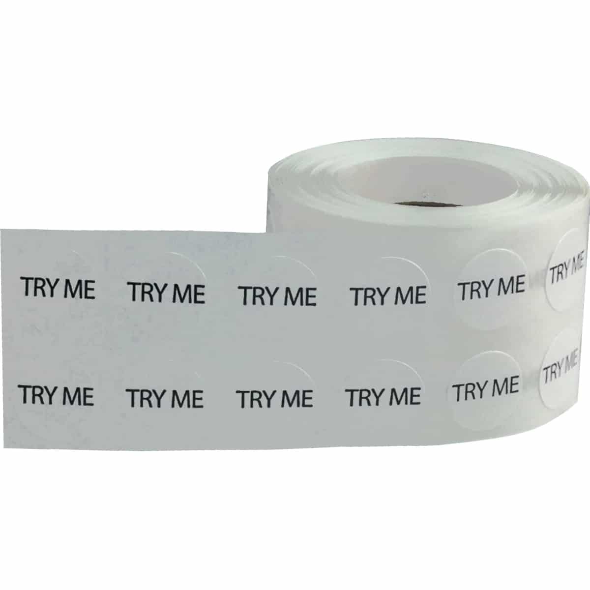 Small Semi-Gloss Try Me Stickers 1/2" Round QTY 1,000 Small Semi-Gloss Try Me Stickers 1/2" Round QTY 1,000