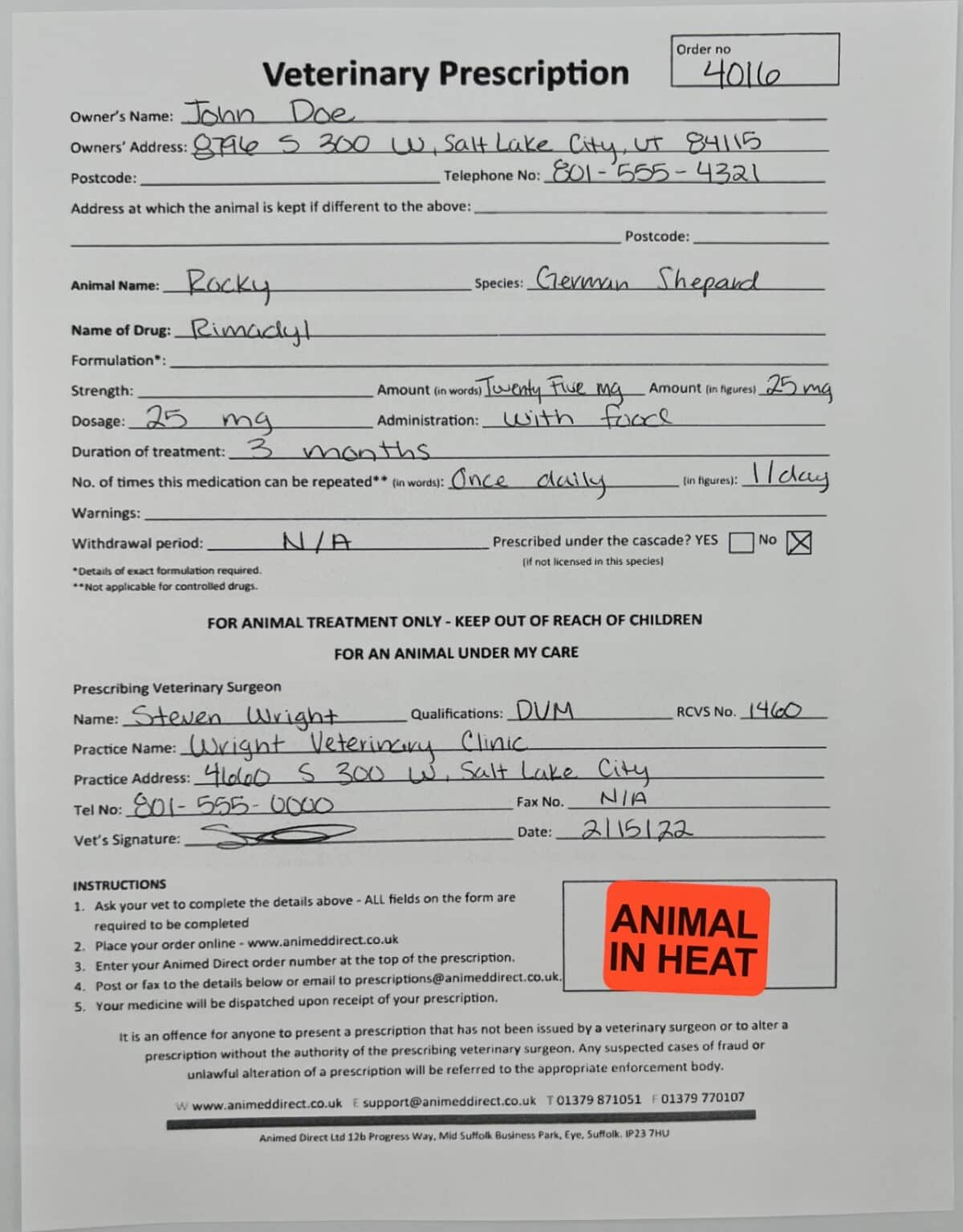 Animal In Heat Veterinarian Labels | 1" x 1.5" QTY 500