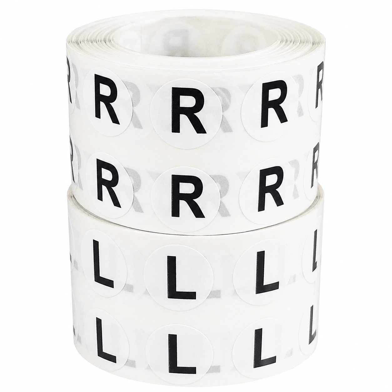 1/2 inch round left and right labels, L and R sticker rolls, 2,000 total labels SKU 12LandR